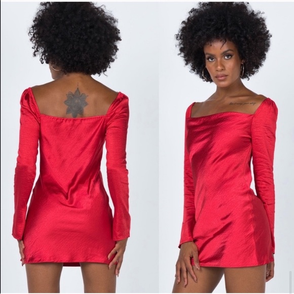 Princess Polly Star Power Red Satin Long Sleeve Cowl Neck Mini Dress - Picture 2 of 11